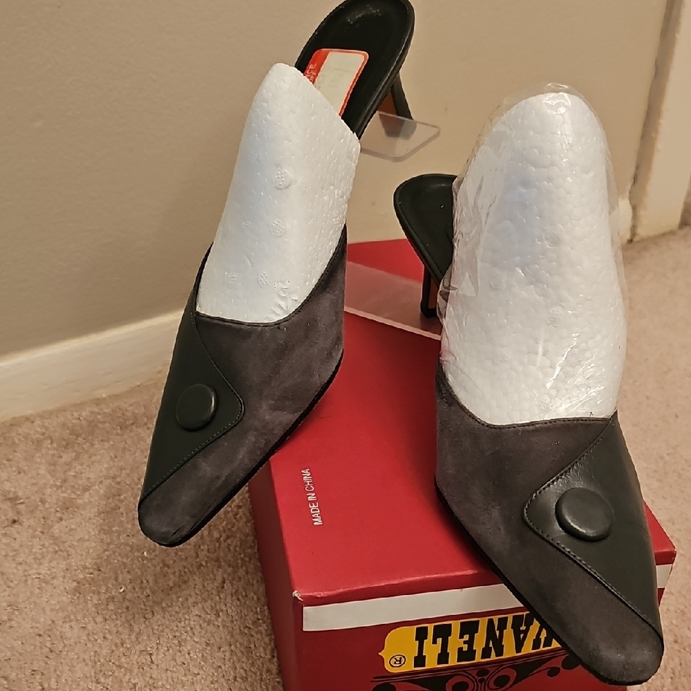 Vaneli Gray Suede Pointed-Toe Mules with Black Accent